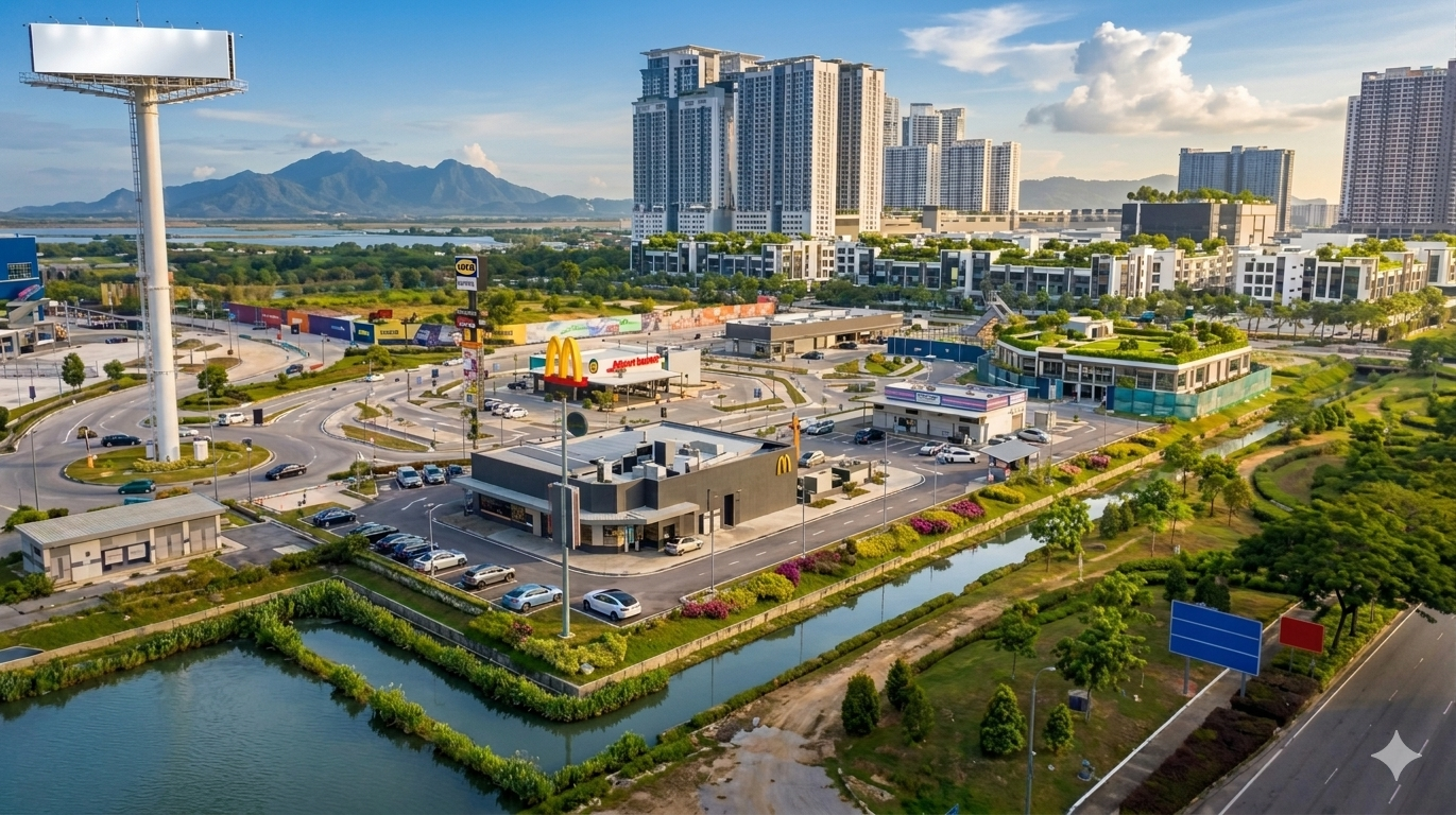 Bandar Cassia Batu Kawan: pandangan udara kawasan komersial berhampiran IKEA, McDonald's, dan pembangunan kediaman bertingkat tinggi